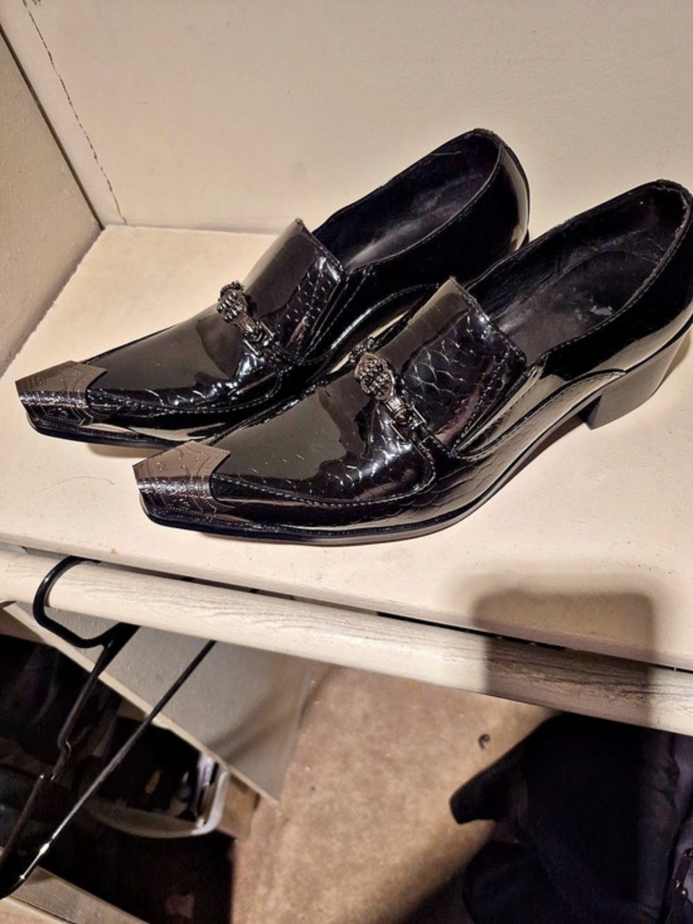 Men's Black Patent Leather Western Metal Tip Loafers Dress Shoes